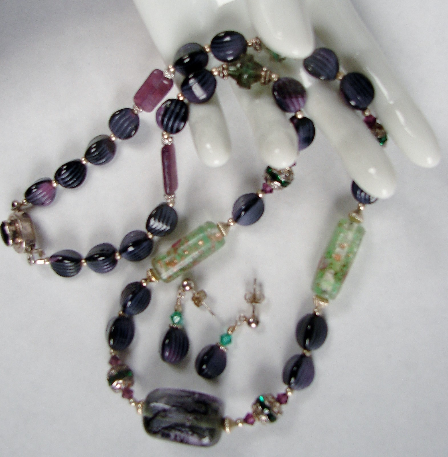18″ Amethyst & Green Quartz Crystal Necklace Matching Drop Earrings 925 Closure