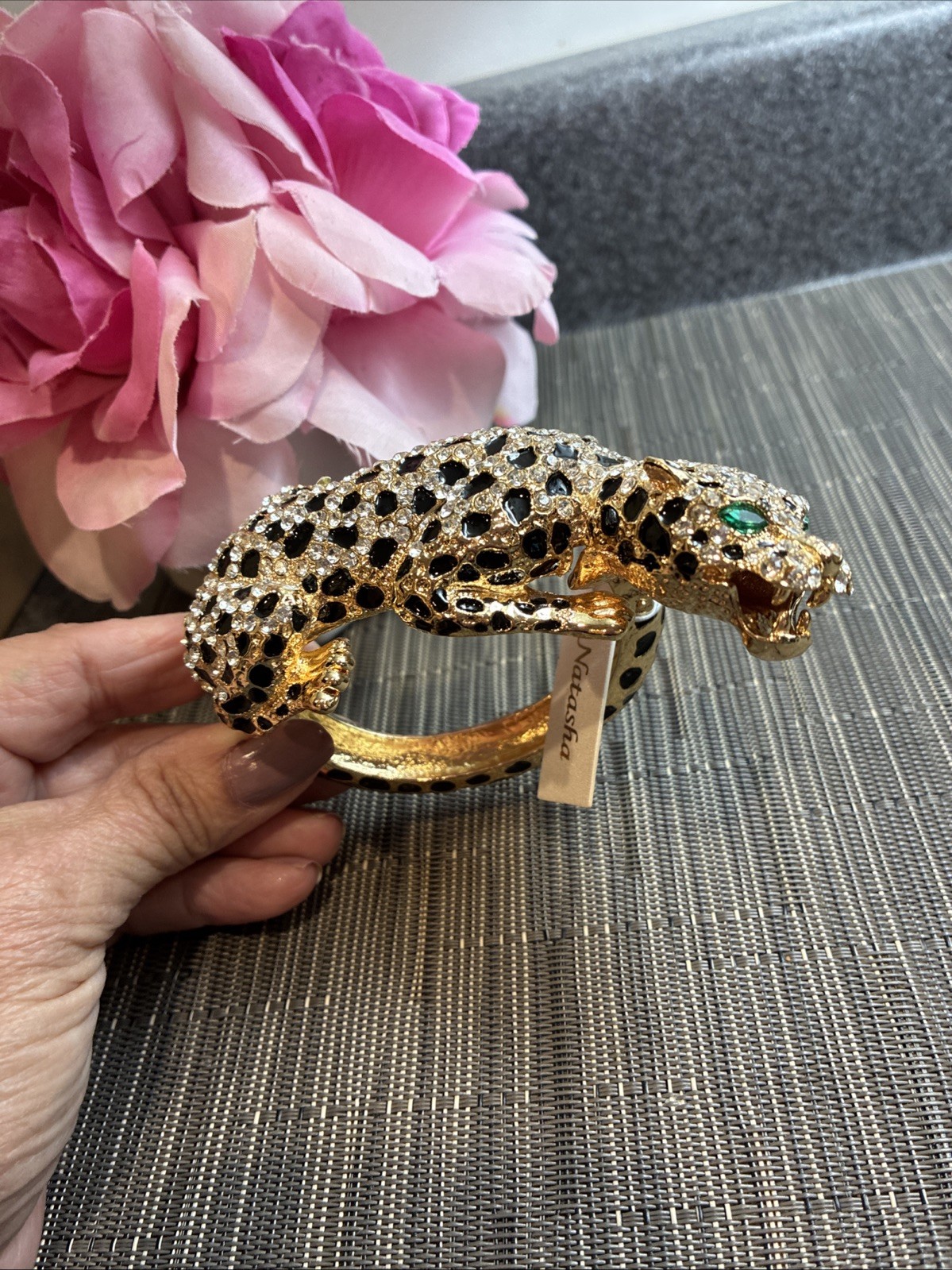 Natasha Gold Leopard Panther Cuff Bracelet Rhinestone, Enamel Green Eyes.