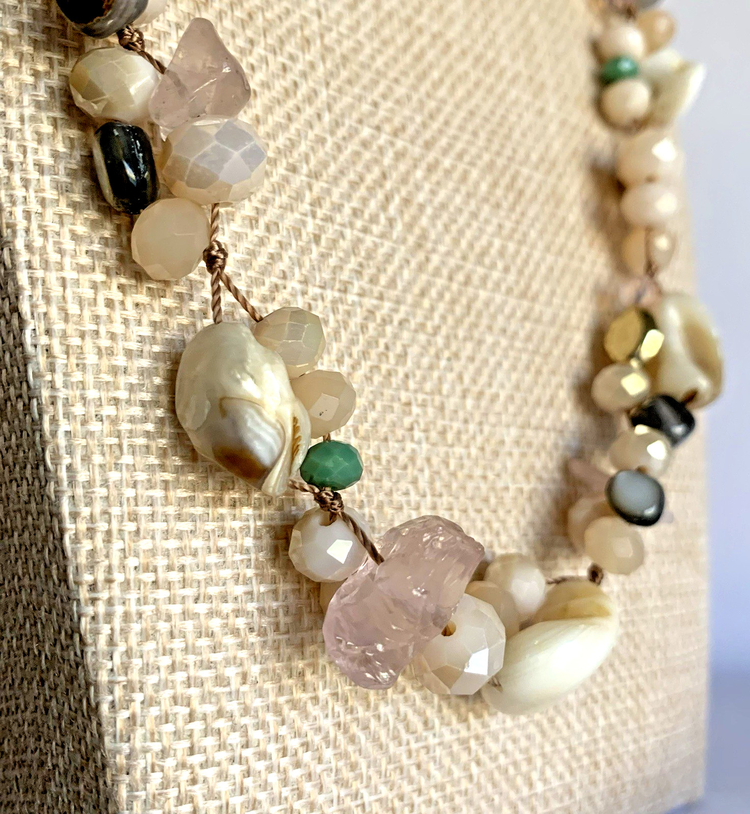 Mixed Metal Necklace Stone Shell & Acrylic Beaded Gold Tone Chain