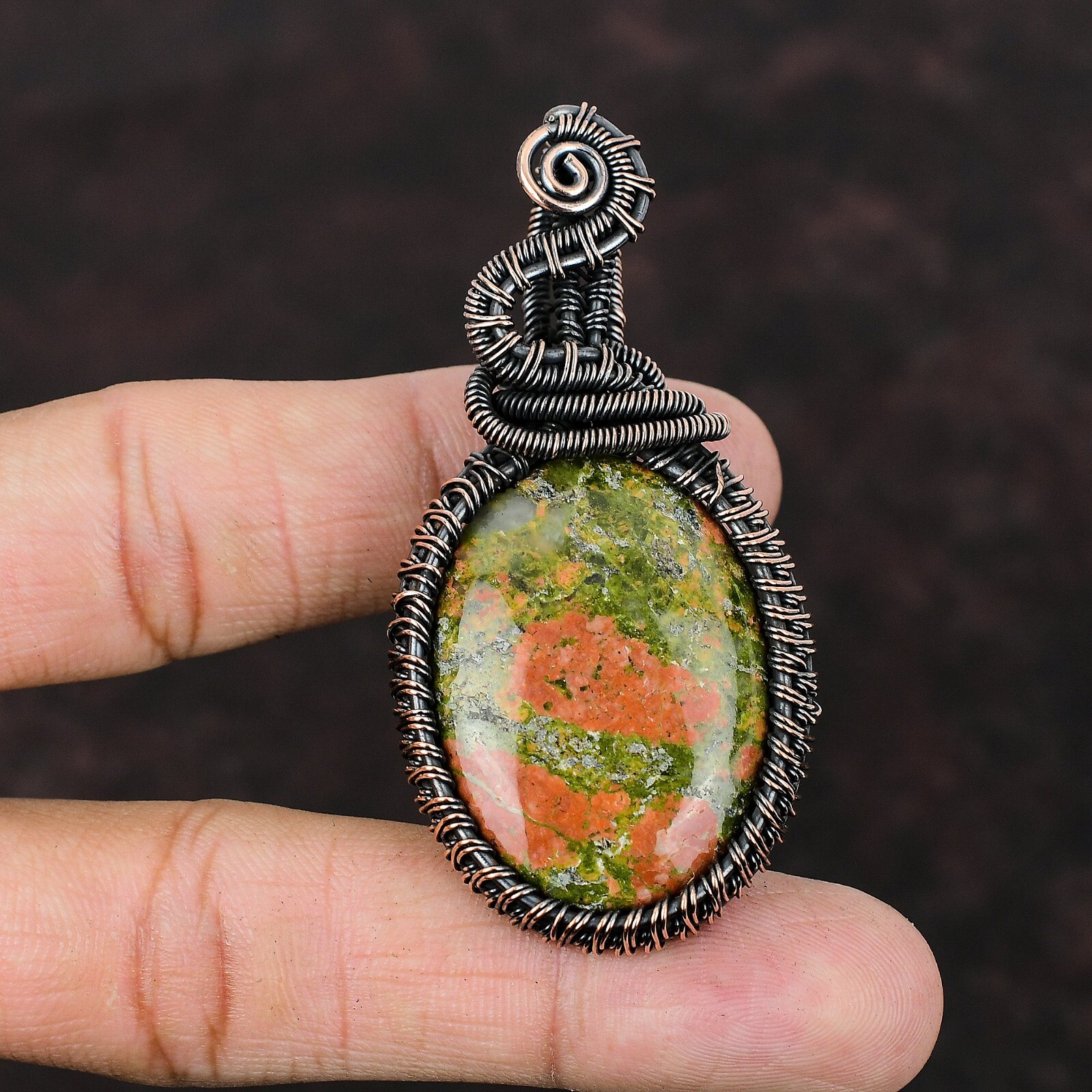 Unakite Gemstone Handmade Jewelry Copper Friend Gift Wire Wrapped Pendant 2.6″