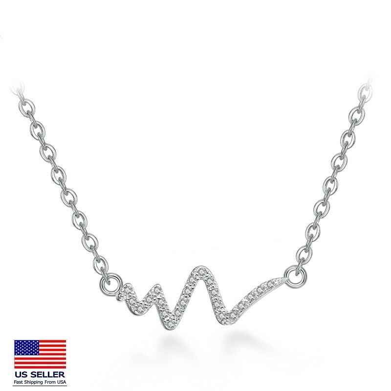 Women 925 Sterling Silver Chain Necklace Crystal Abstract Heartbeat W Pendant