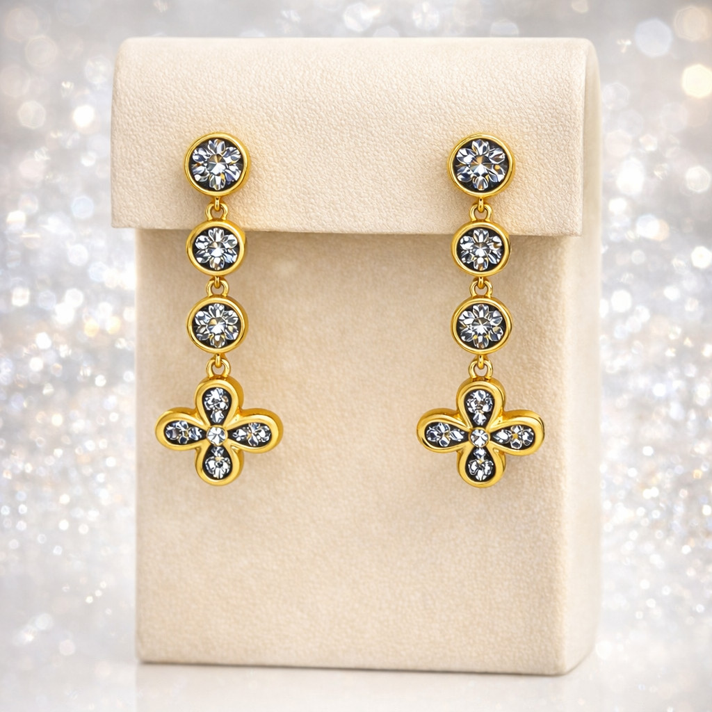 Freida Rothman Floral Drop Earrings CZ 14K Gold Black Rhodium NEW