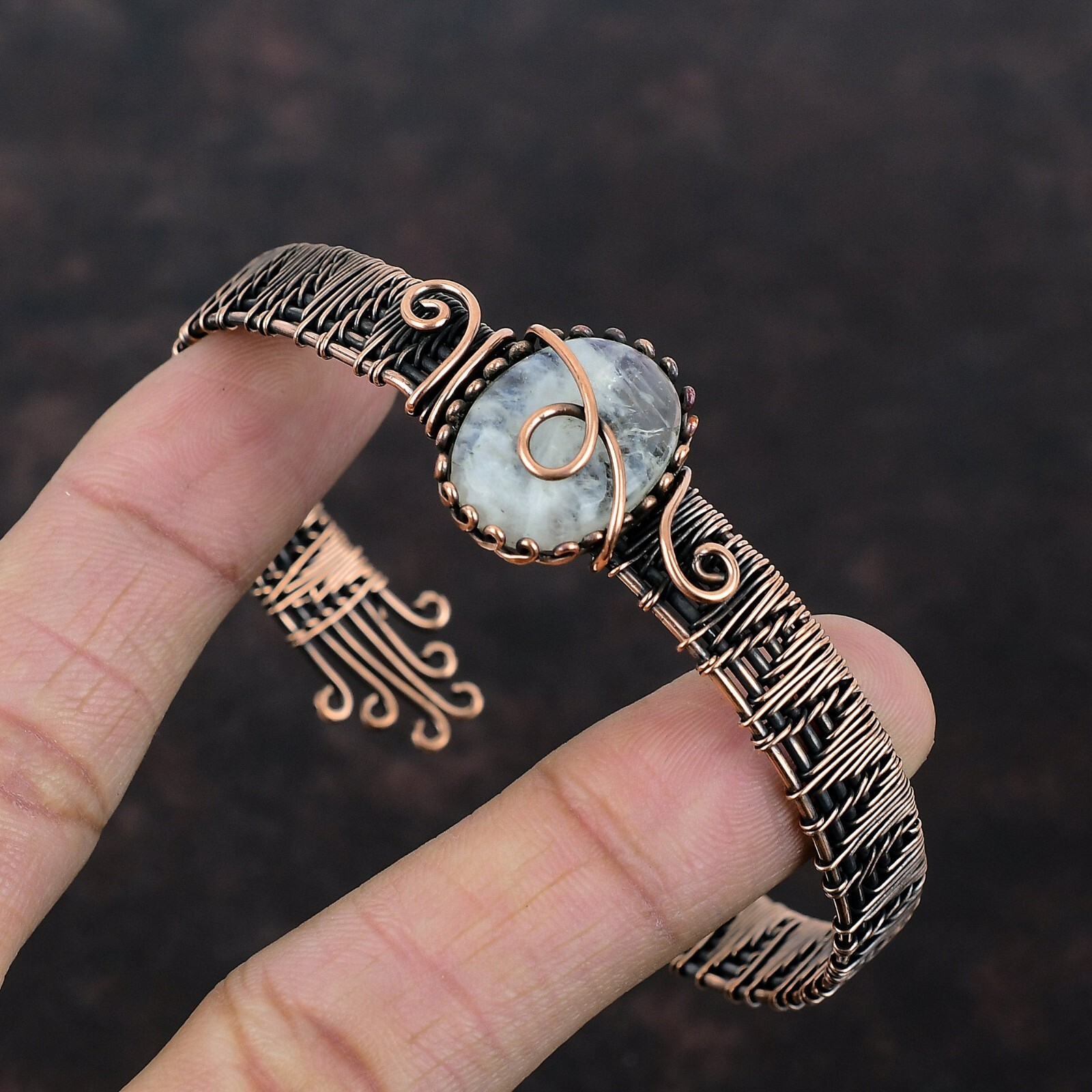 Rainbow Moonstone Wire Wrapped Adjustable Bangle Handcrafted Copper Partywear