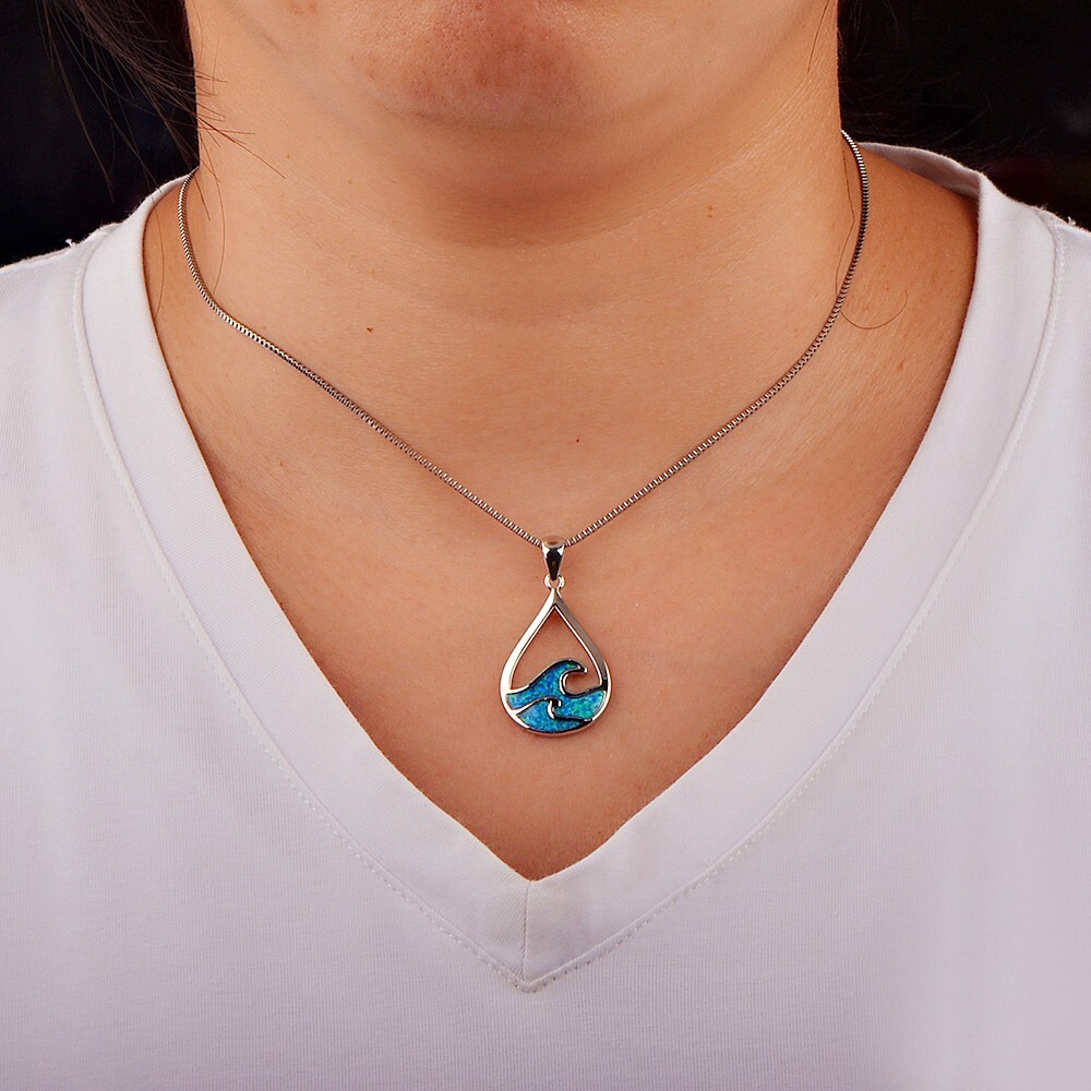 Hawaii Blue Fire Opal sea Wave Necklace pendants Silver Filled For Women Girls