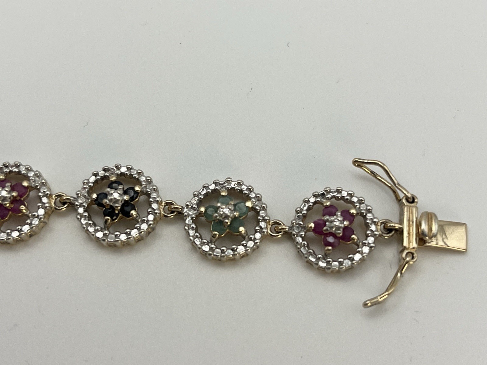 Vintage Ruby, Emerald, Sapphire Gold Tone Sterling Silver Daisy Bracelet