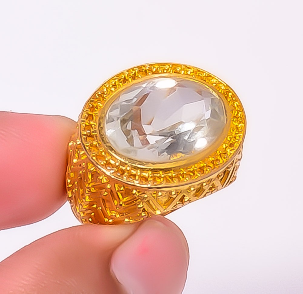 Natural Green Amethyst 18k Yellow Gold Plated Ring s.6 R495