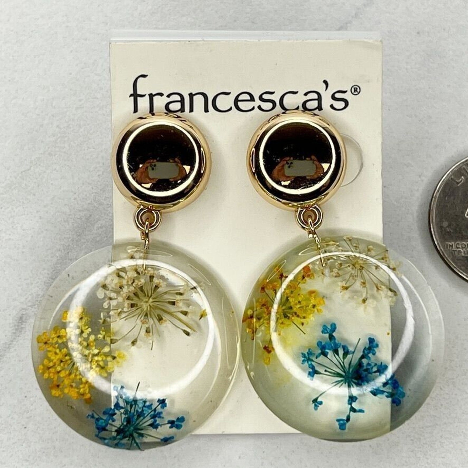Francesca’s Gold Tone Pressed Flowers Dangle Post Earrings Pierced Pair