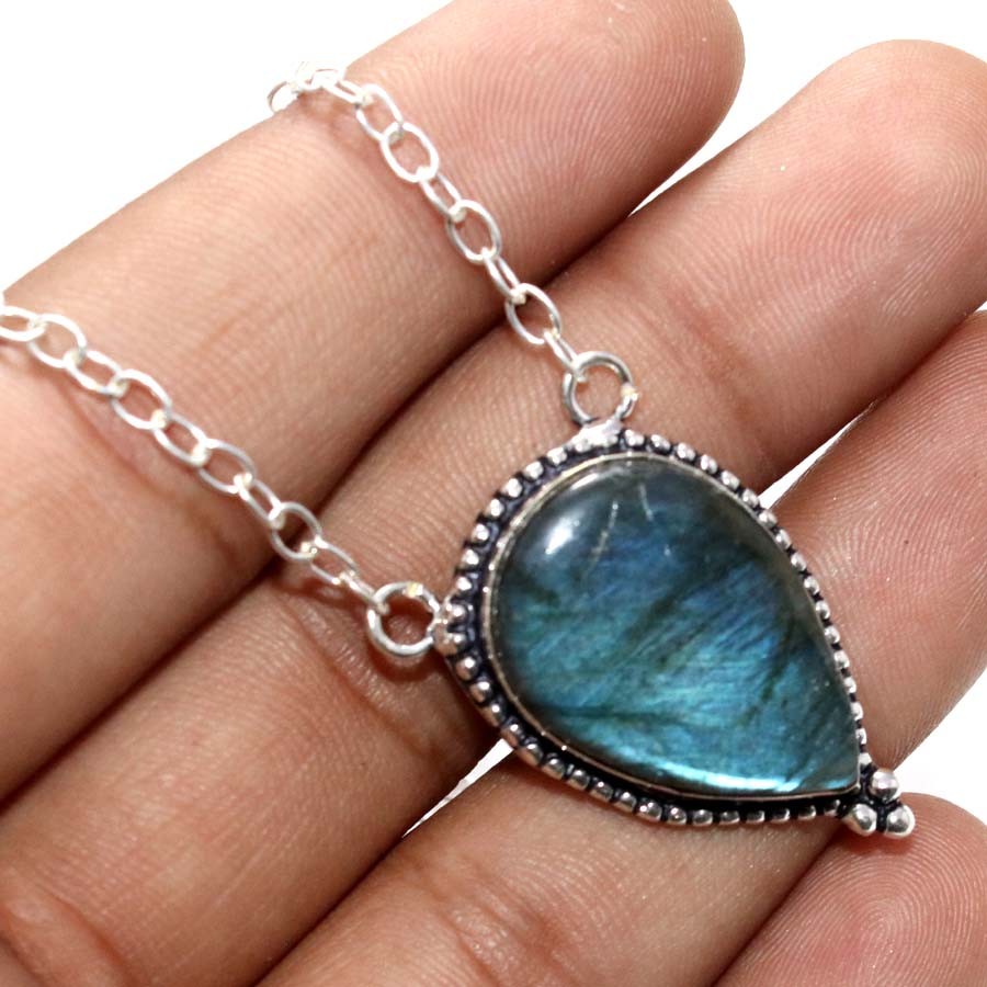 Huge Fiery Labradorite 925 Silver Plated Necklace 18″ Limited Gift Trendy JW