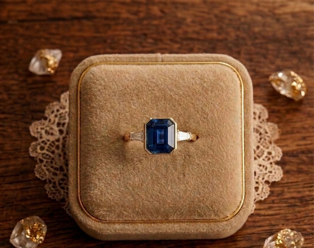 3.10 Cut Emerald Cut Natural Sapphire Diamond Engagement Ring 14k Solid Gold