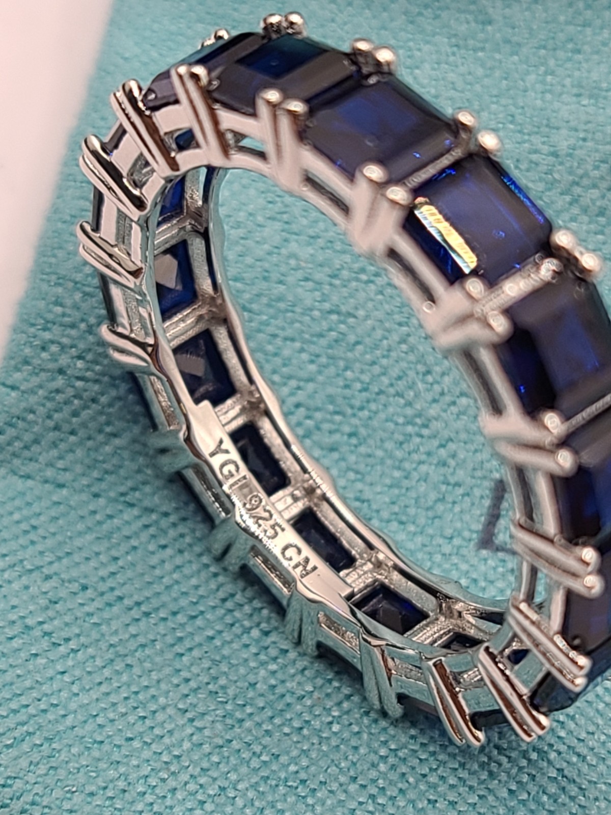 Decadence Sterling Silver 4mm Blue Asscher Princess Cut CZ Eternity Band sz 8