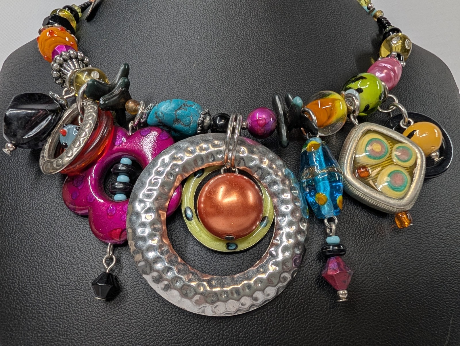 Treska Vintage Charm Bib Necklace Multicolor Lampwork Enamel Flower Estate