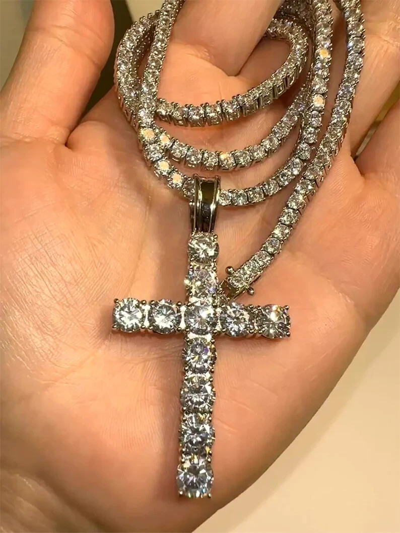 Eye-Clean White Cubic Zircon Cross Necklace 20 Inch 925 Sterling Silver Jewelry
