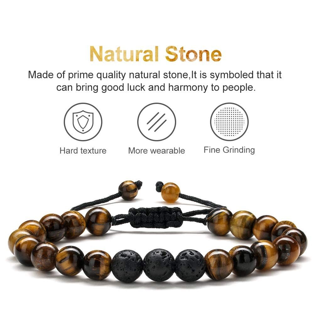 Men’s Beaded Bracelet – 8mm Natural Stone Tiger Eye Lava Rock Jewelry Gift for D