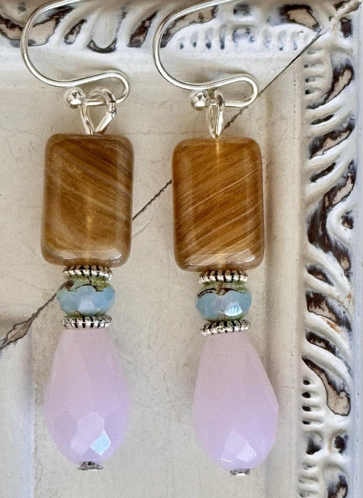 Etched Silver, Beige, Pale Pink and Blue Dangle Earrings.