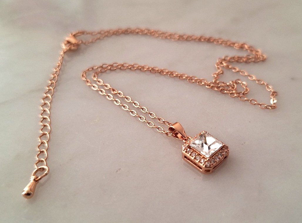 JCM China Rose Gold Toned Square CZ with Pave on 18″ Cable Chain Necklace