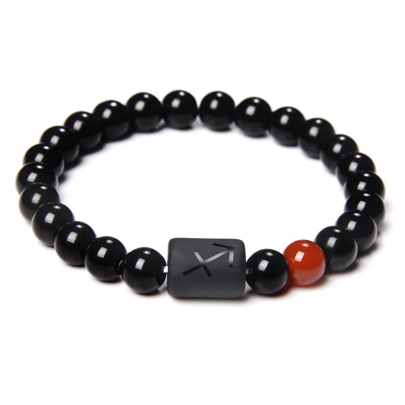 12 Constellation Zodiac Beads Couples Bracelet Natural Black Onyx Elastic Charm