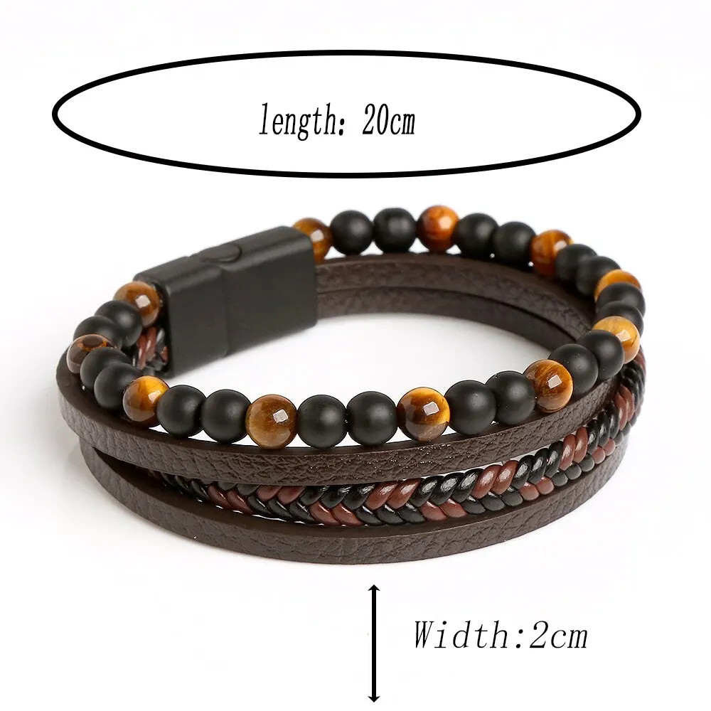 Men’s Tiger Eye Leather Bracelet 20cm/7.9″ Multi-Layer Beaded Jewelry Gift