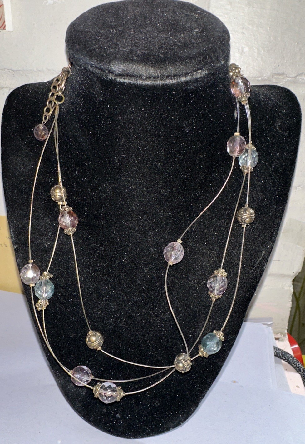 Chicos Multi Strand necklace Blue, Peach and Purple with metal Toned Beads