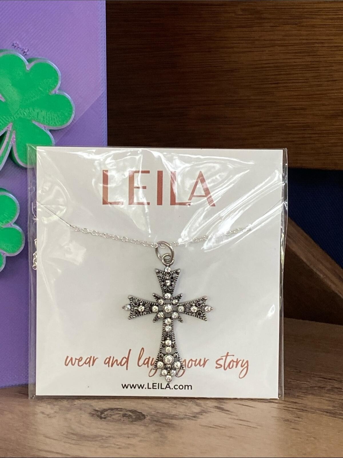 LEILA Silver Cross Pendant Necklace – Rhinestone Accent