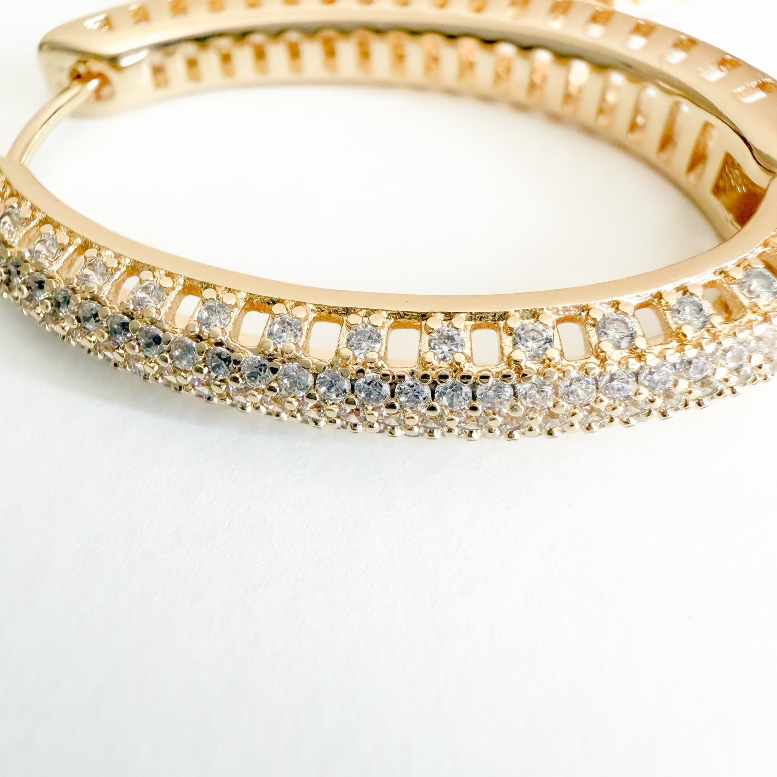 Gold Plated Pavé White Crystal Huggie Hoop Earrings Snap Closure Lobe