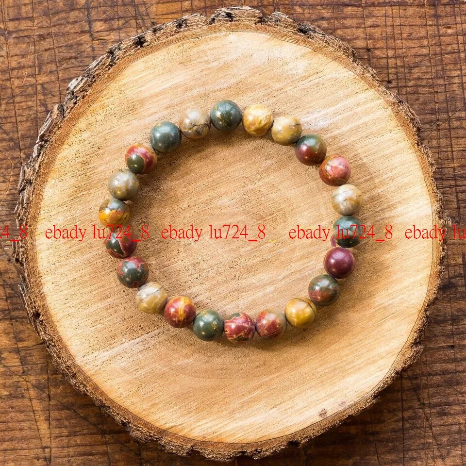 Natural 8mm Multicolor Picasso Jasper Round Gemstone Beads Bracelet 7.5” Strand