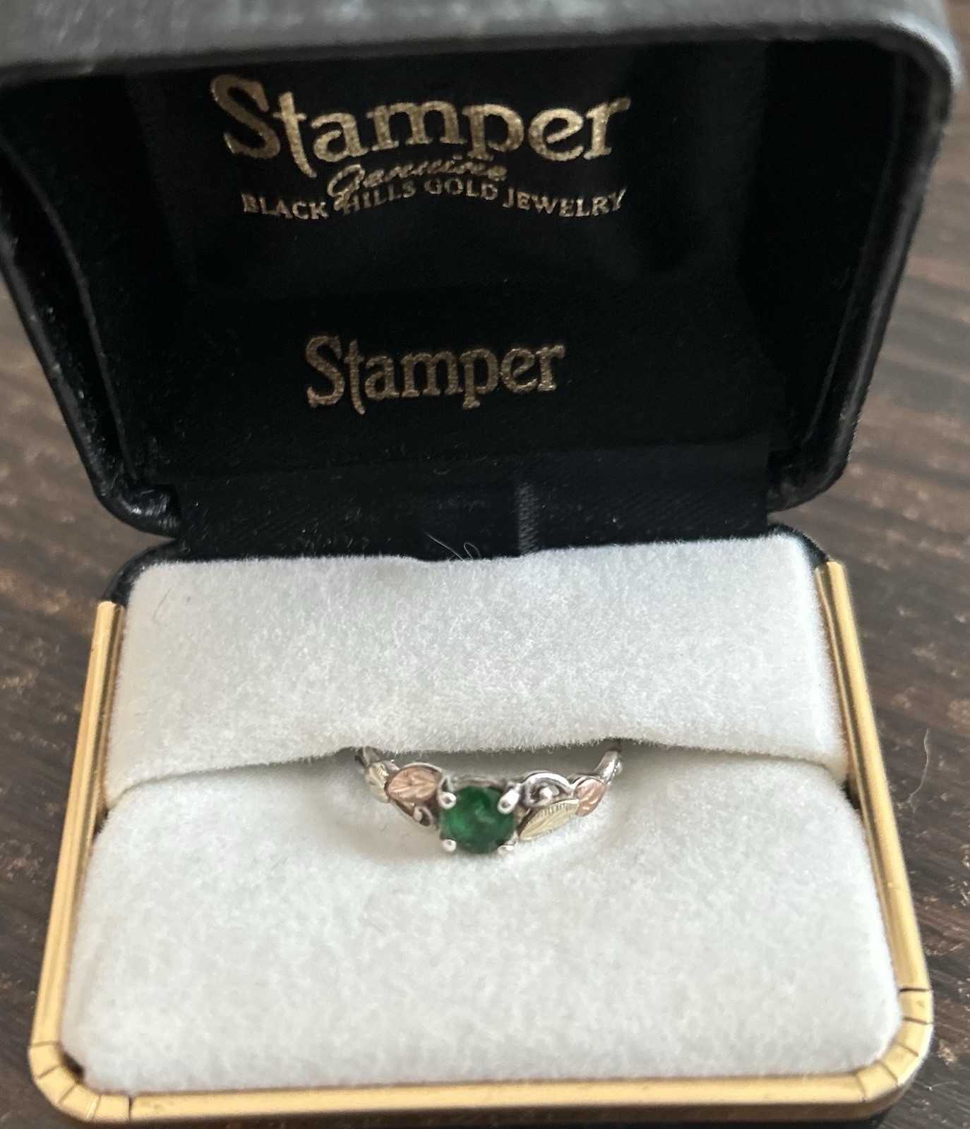 Black Hills Gold ring lab created emerald size 7