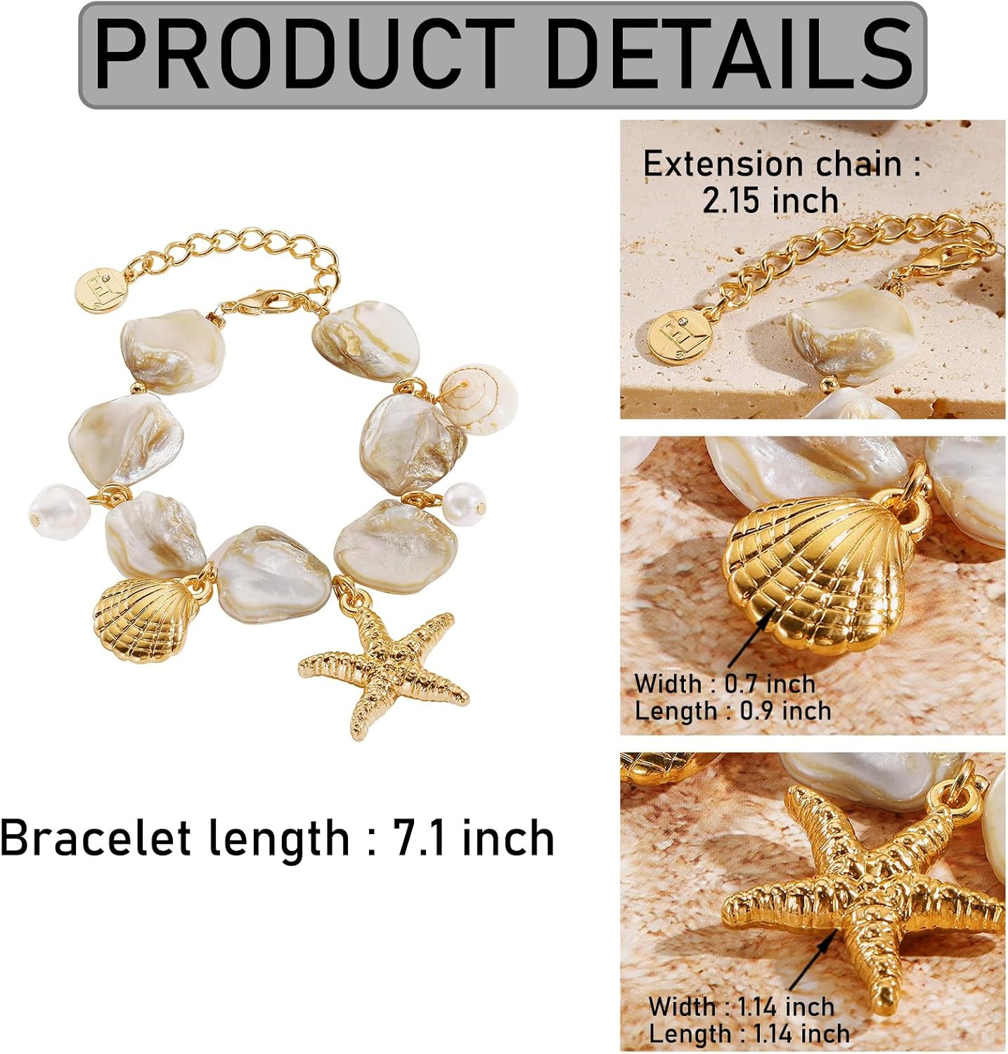 Natural Freshwater Shell Bracelet with Pearl Starfish Pendant Irregular Mother o