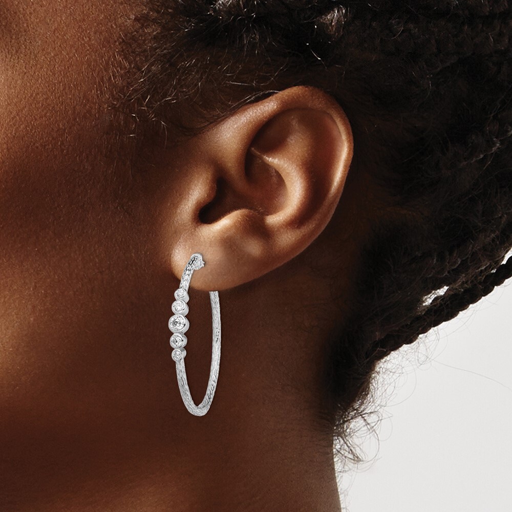 36mm Sterling Silver Rhodium-plated CZ Textured Hoop Earrings