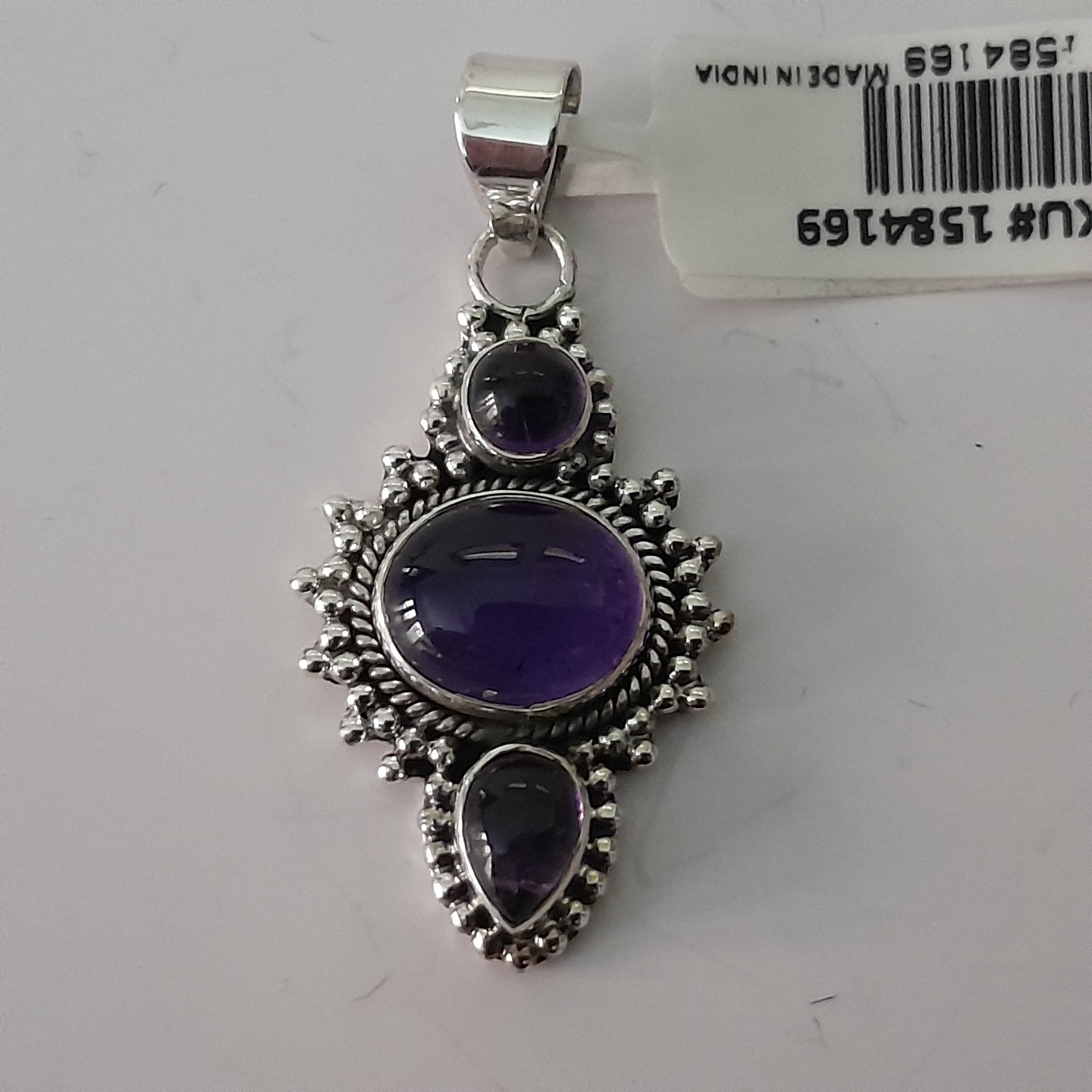 925 Sterling Silver Three Stone Purple Cabochon Pendant 925 India NWT