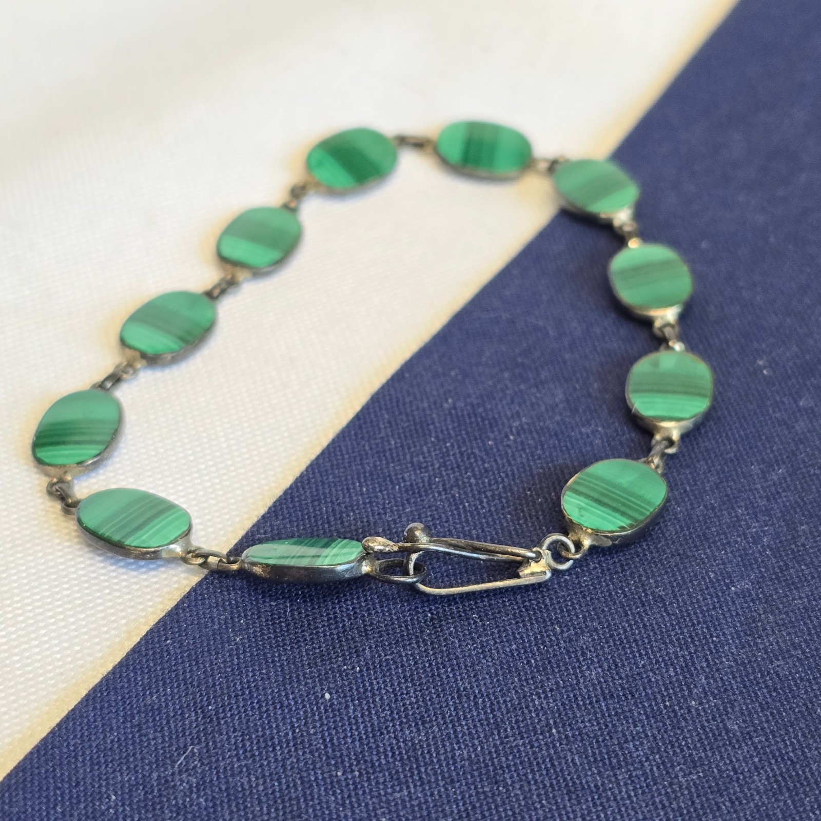 Sterling Silver Bracelet 7.4g Jewelry 7.5″ Malachite Look Unique Clasp *READ*