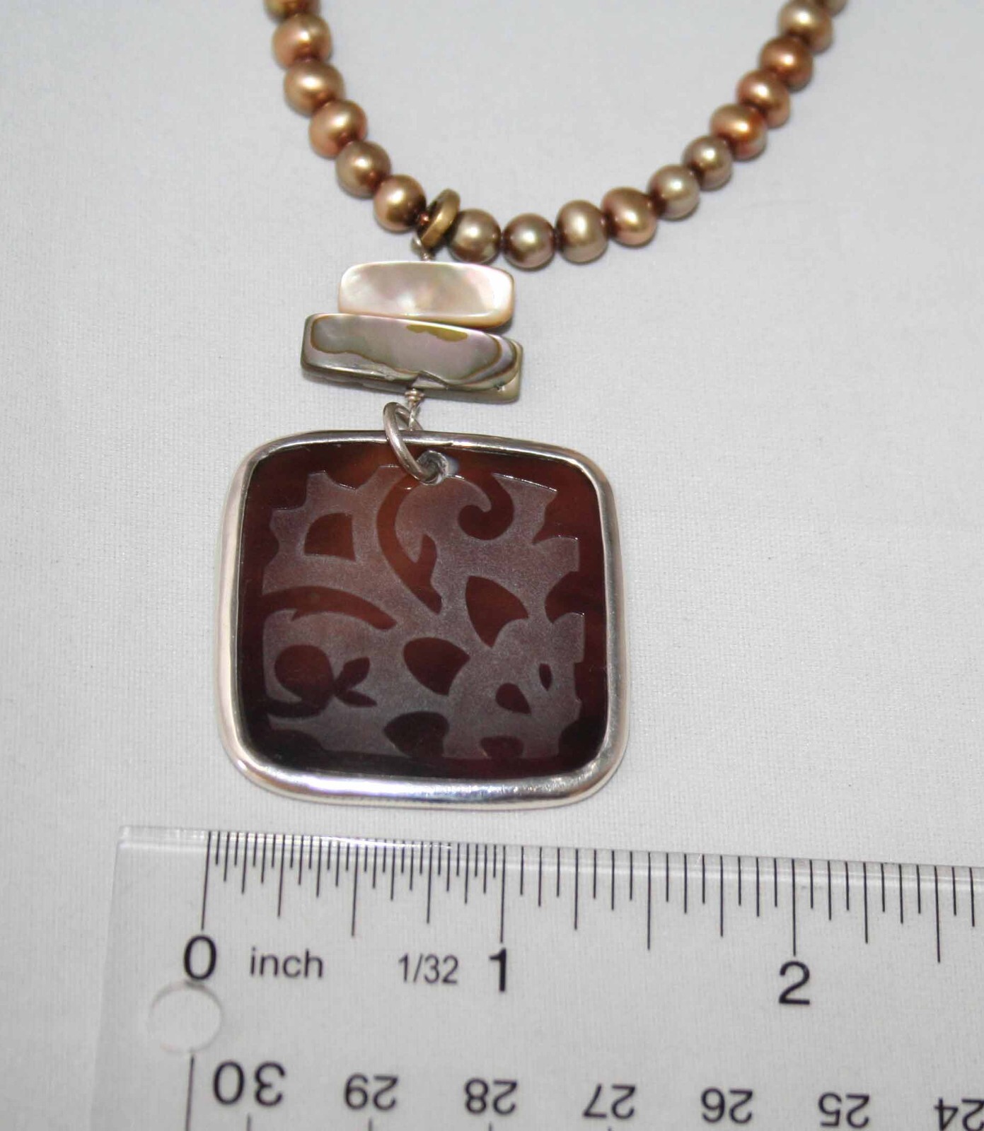 Silpada Silver Etched Black Pen Shell & Bronze Pearl Pendant Necklace N1803