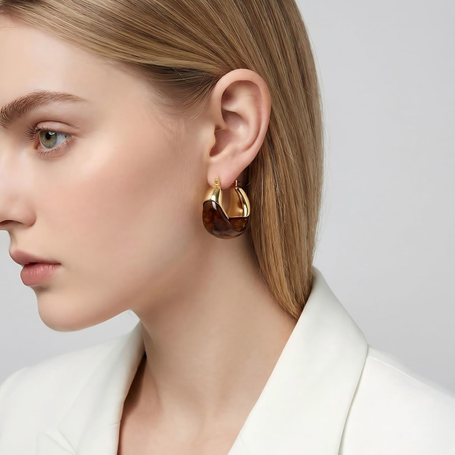 Amber Resin Hoop Earrings for Women 14K Gold Plated – Hypoallergenic Chunky Gold