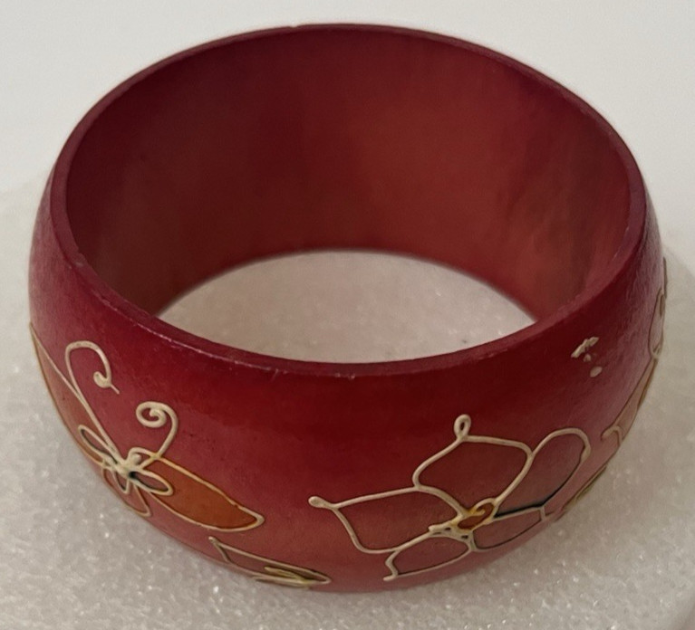 Wood Cuff Bracelet Red Tone Floral Hand Embossed Designs Thick Chunky