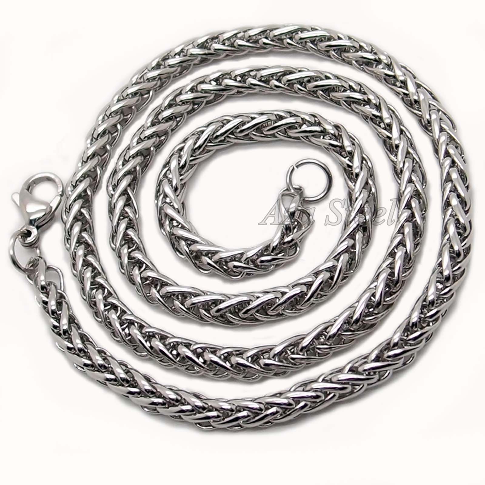 3/4/5/6MM 18-36″ MENS Silver Stainless Steel Wheat Braided Chain Necklace Link