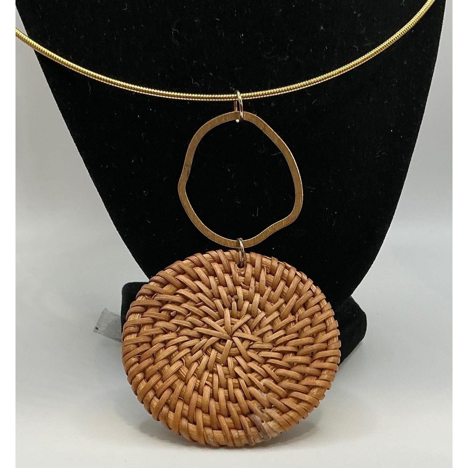 Boho- Chic Woven Rattan Pendant Necklace on Gold Collar