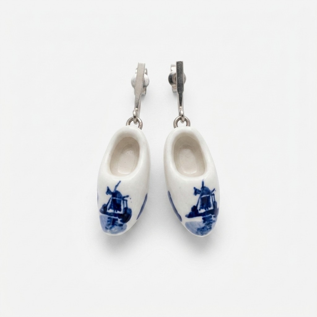 Vintage Blue White Porcelain Shoe Clip-On Earrings Silver Tone Screw Back