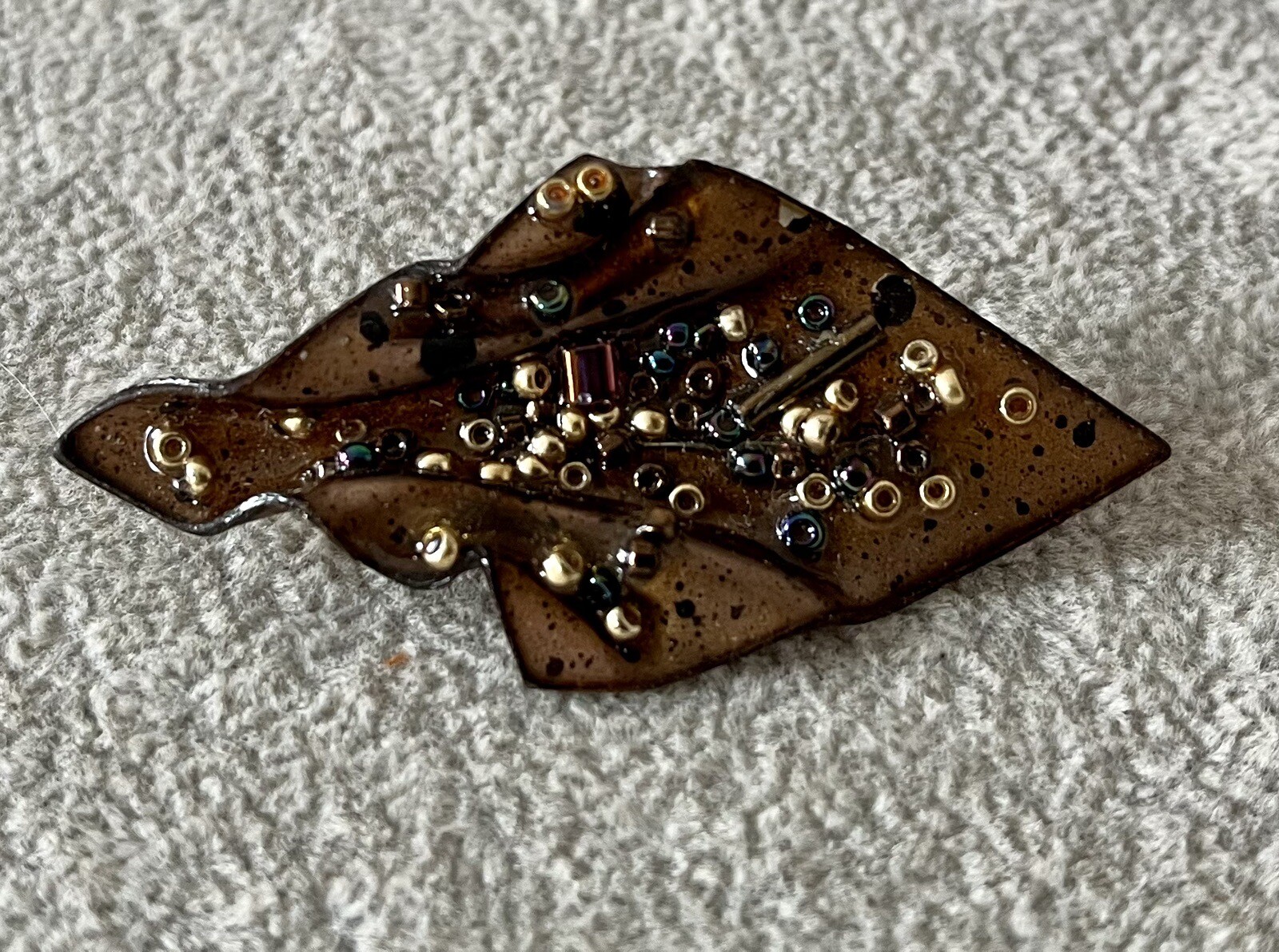 Modern Acrylic Bronze Coloured Brooch With Seed Beads, See Description