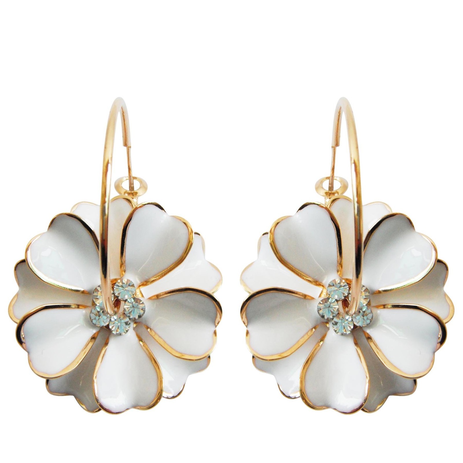 18k Gold Plated White Enamel Flower Crystal Az2461e Hoop Earrings(dia. 3cm)