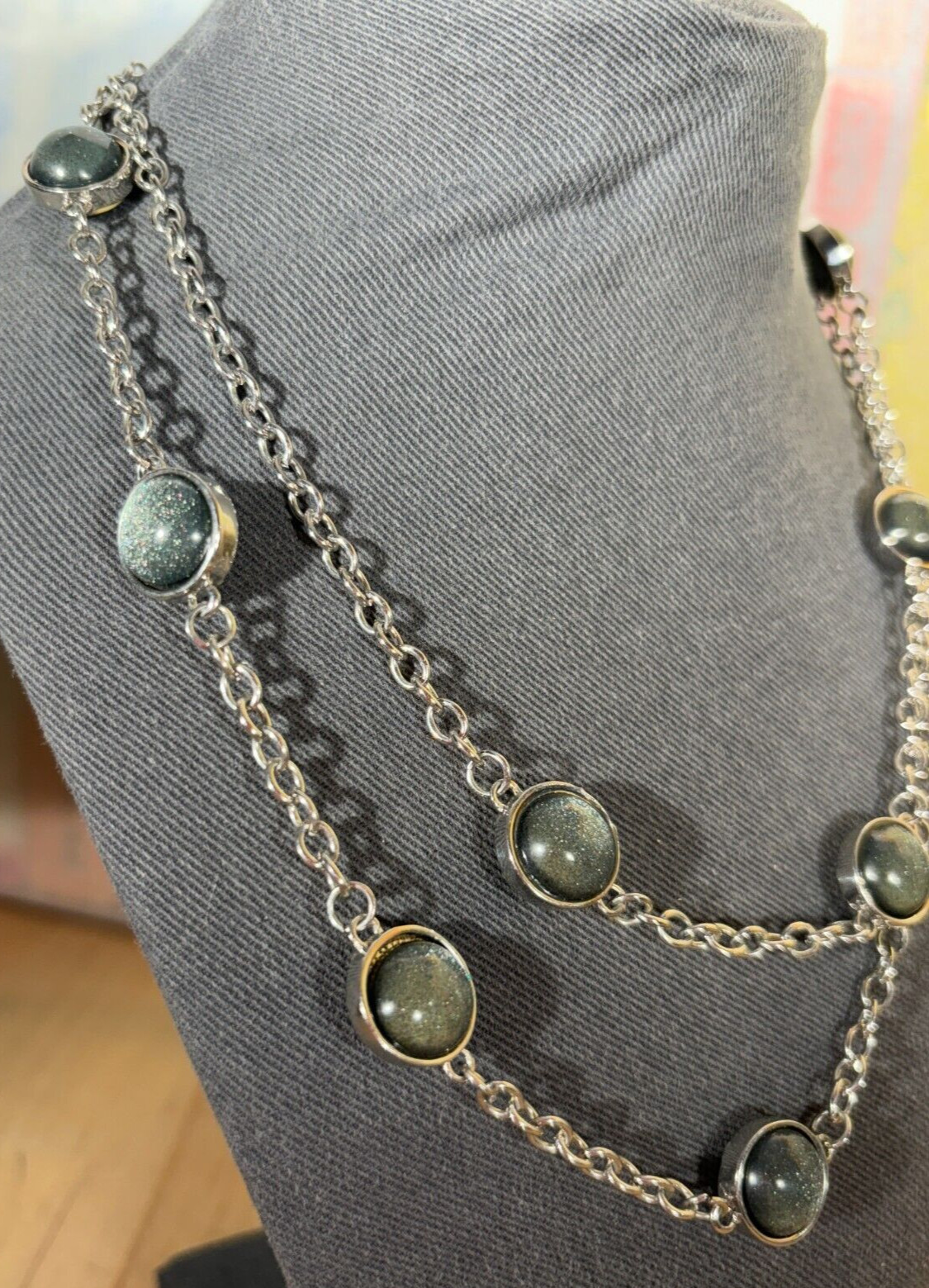 Single Strand Silvertone Station Necklace Double Sided Glass Cabochons, 36″