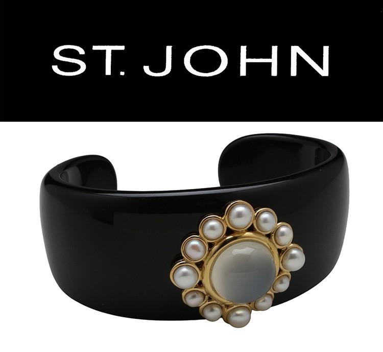 St John Knits Wide Black Resin Open Cuff Bracelet Moonstone Pearl Halo