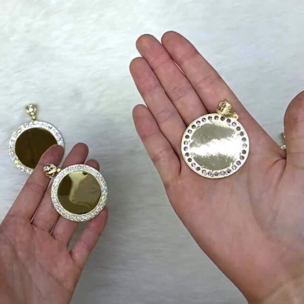 10K Yellow Gold Simulated Diamond Picture Frame Medallion Pendant 24mm-50mm