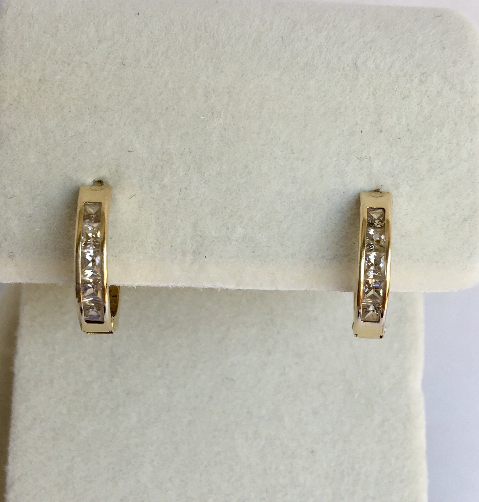 14K Solid Gold Huggie Hoop Earrings Vintage Channel Set Princess Cut CZ Pair