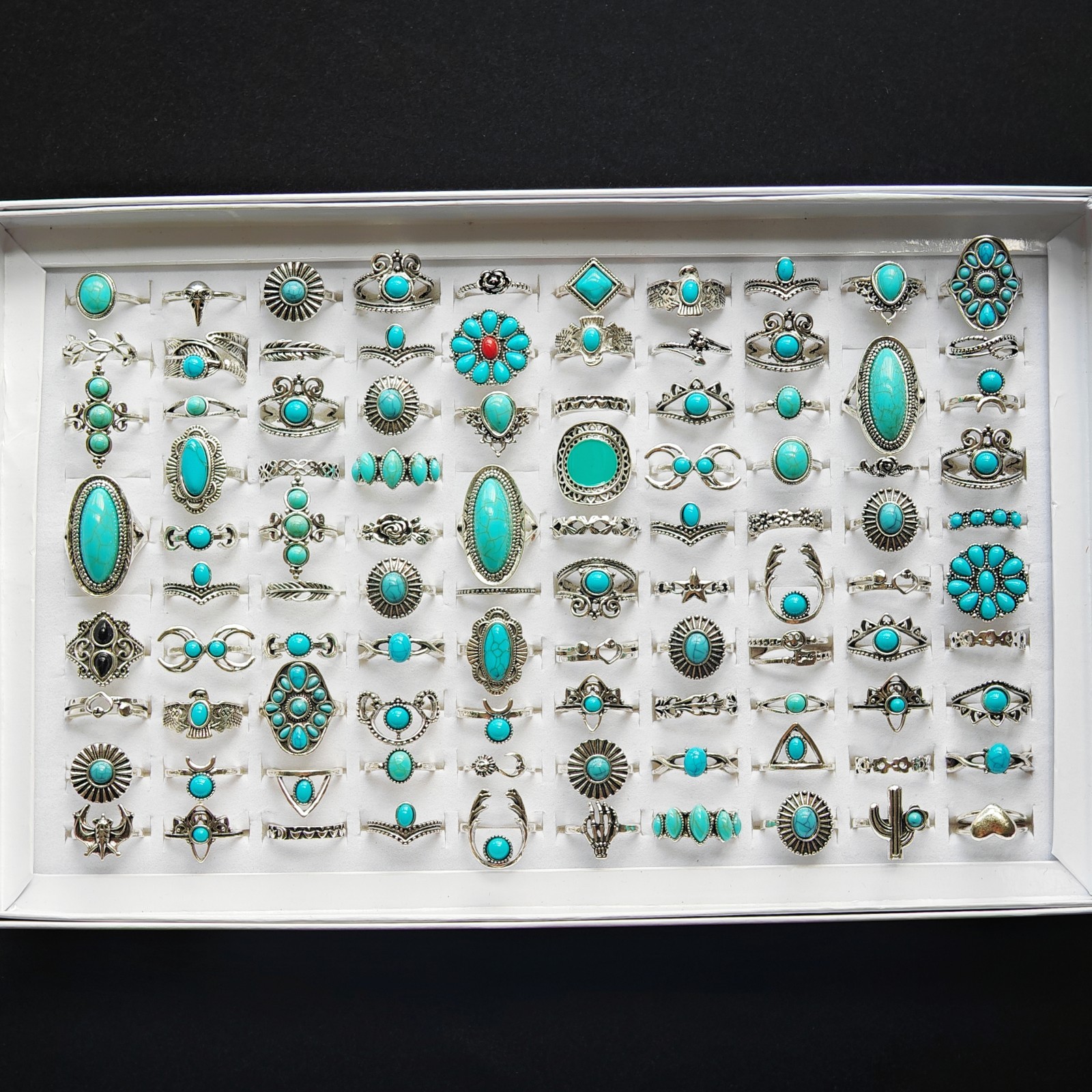 Wholesale 50/100pcs Mixed Vintage Turquoise Rings Antique Silver Boho Beach Gift
