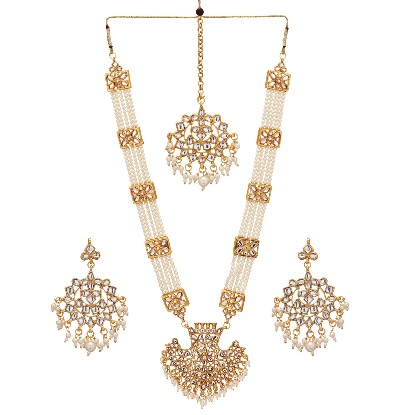 Jwellmart Indian Kundan Faux Pearl Long Bridal Necklace Earrings Maang Tikka Set