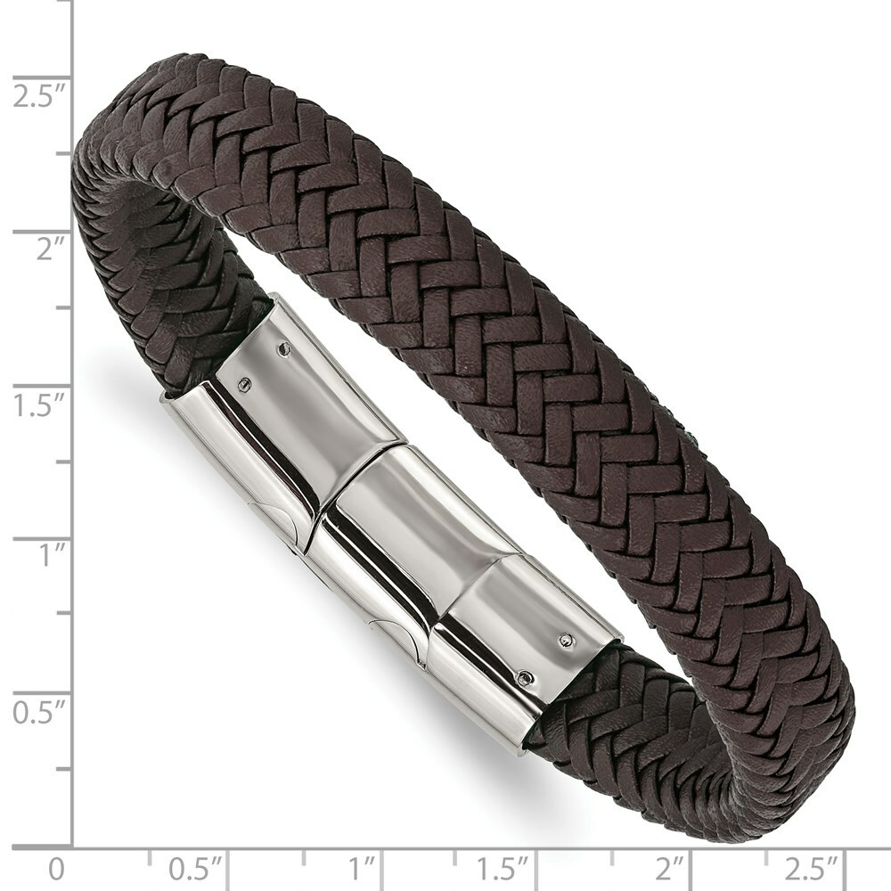 Stainless Steel Polished Woven D.Brown Leather w/.5in ext 8in Bracelet