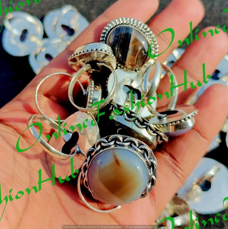 “Bulk Lot of Banded Agate Gemstone Rings – 925 Sterling Silver Plated Jewelry”