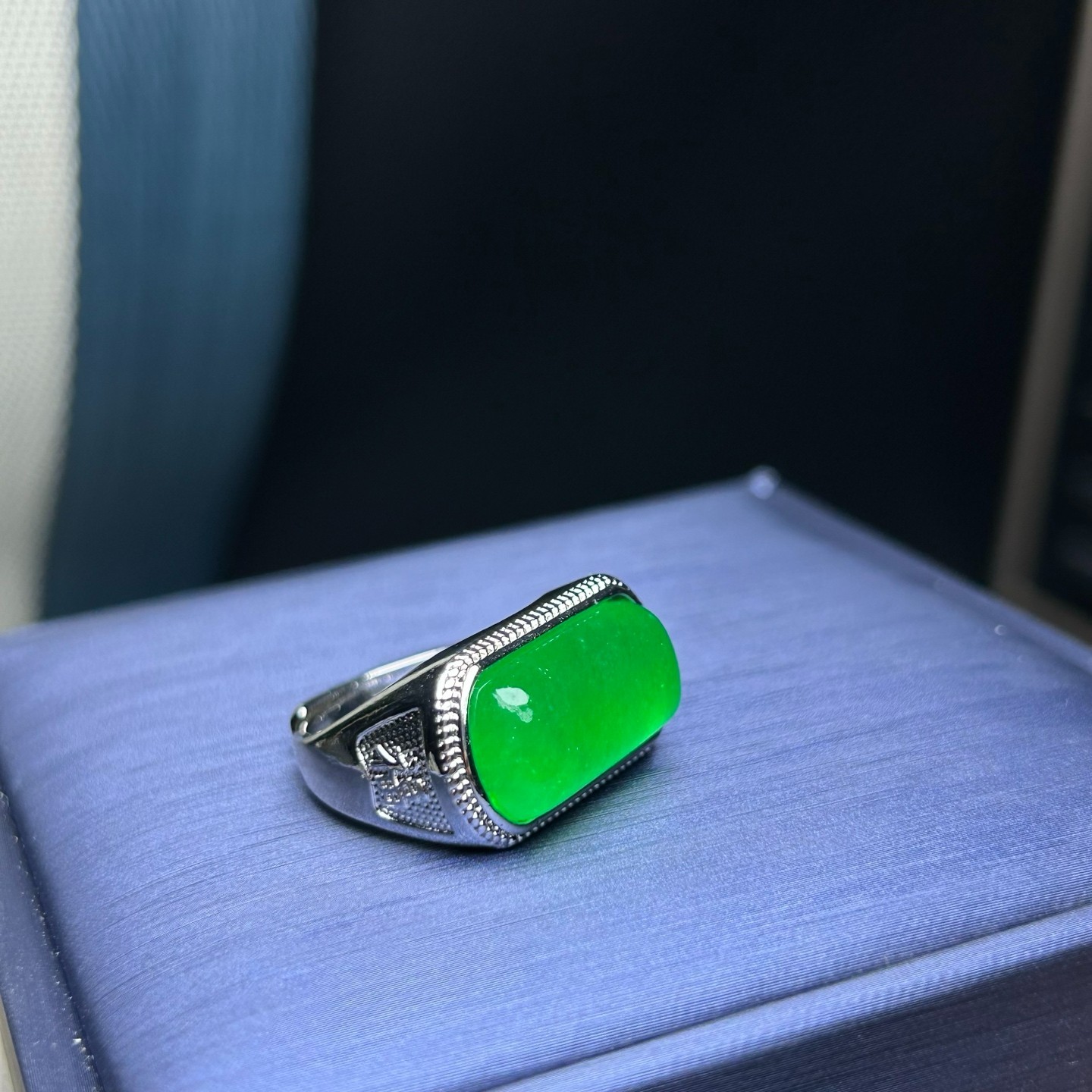 Luckly inlay Natural ice green Burmese Jade jadeite adjustable amulet rings