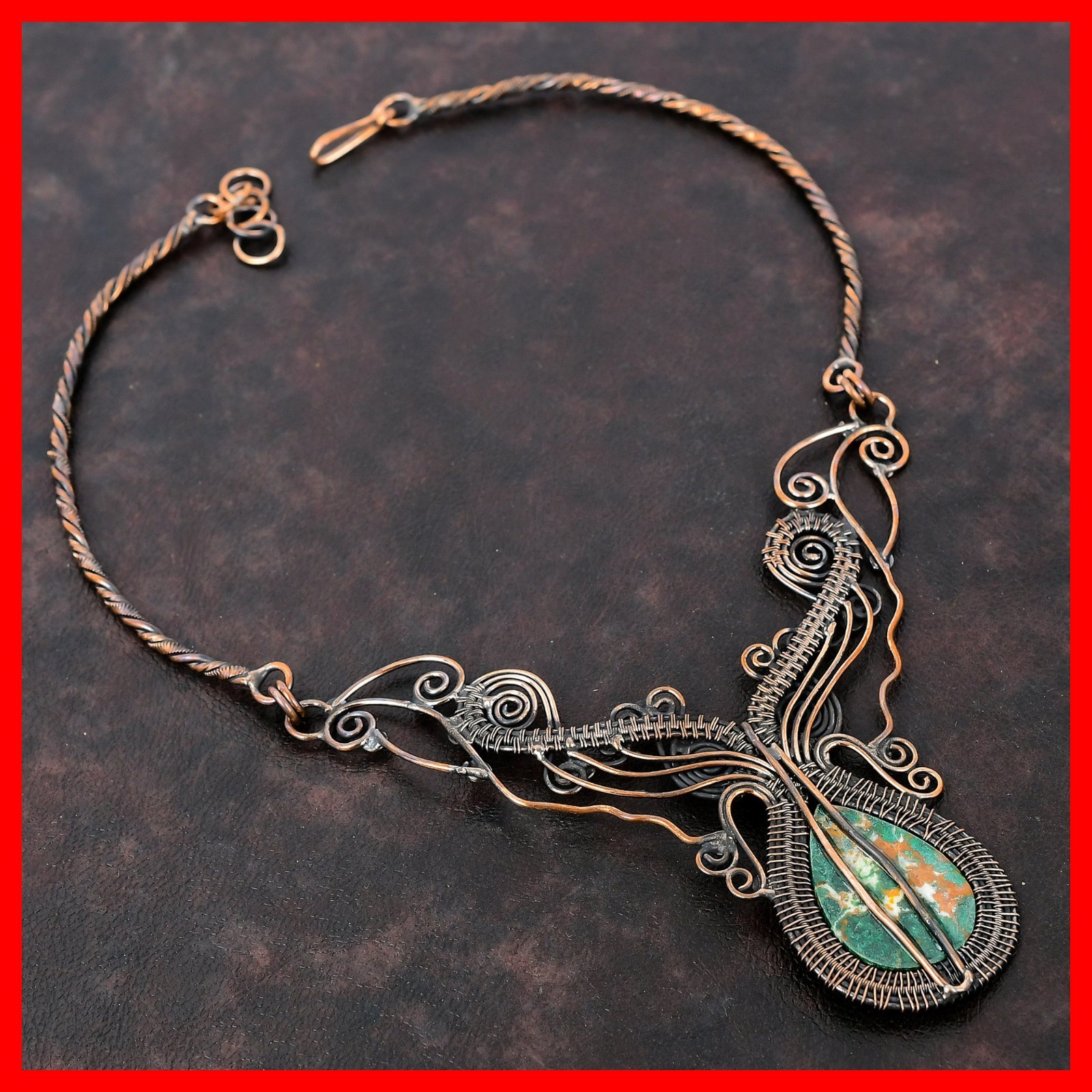 Copper Pear Cuprite Chrysocolla Gemstone New Chain Wire Wrapped Flower Necklace