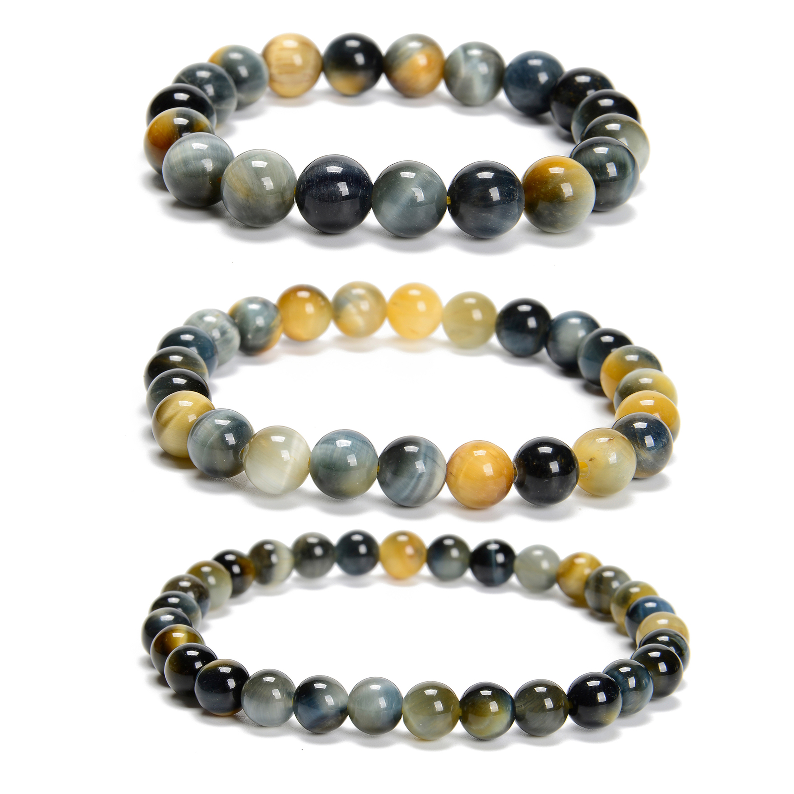 Golden Blue Tiger Eye Round Beaded Bracelet 6mm 8mm 10mm 7.5” Length 3 PCS/Set