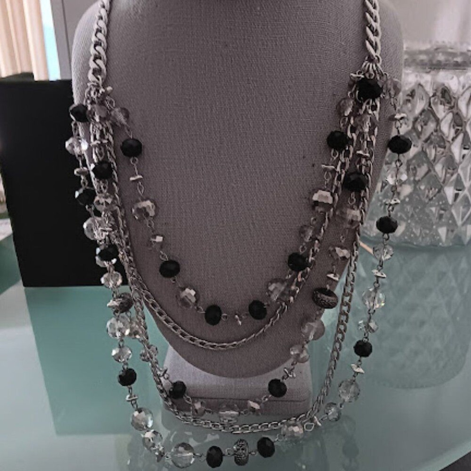 VERA WANG Rocker Chic Silver Black/Gray/Hematite Beads Chain Layered Necklace